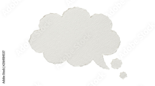 Blank white textured paper thought bubble with torn edges on solid white background