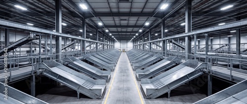 Large scale distribution center interior with multiple metal conveyor belt chutes arranged for automated parcel sorting and logistics flow