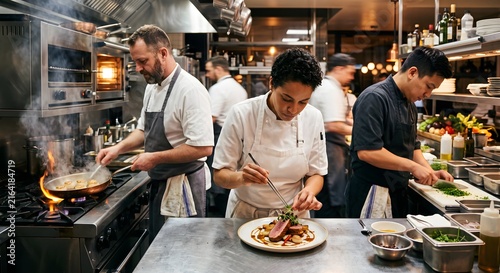 Busy commercial restaurant kitchen with a team of professional chefs preparing gourmet food. Close-up of a focused female chef using tweezers to plate a high-end meat dish, with kitchen staff cooking,