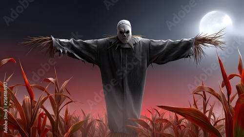 Creepy tattered scarecrow with white skull mask in a dark haunted cornfield under full moon