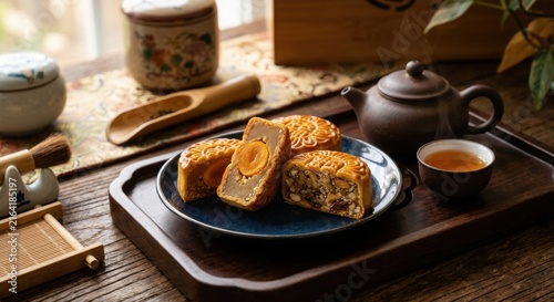 Traditional Chinese Mooncakes Sliced Open Revealing Rich Fillings