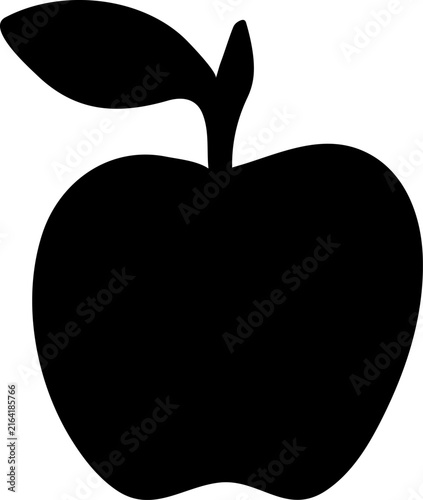 Black Apple Silhouette Icon with Leaf and Stem on White Background