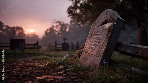 Toppled antique gravestone in an old cemetery at golden hour