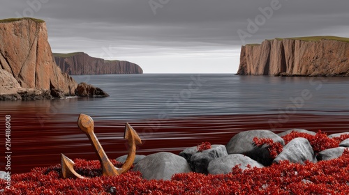 Rusty anchor on a surreal red rocky shore with towering cliffs and dark water
