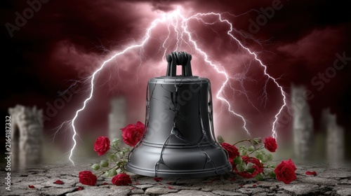 Cracked church bell with red roses and lightning storm