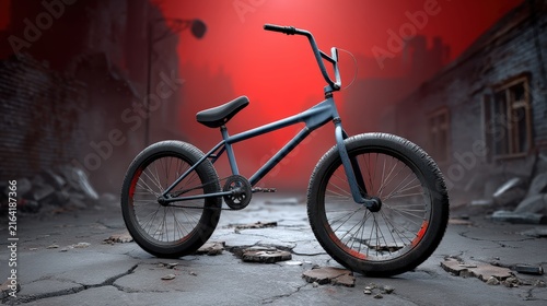 Abandoned BMX bicycle in a post-apocalyptic ruined city street