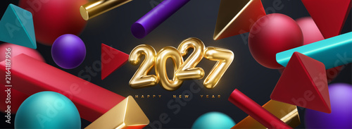 Gold number 2027 and abstract geometric 3d shapes