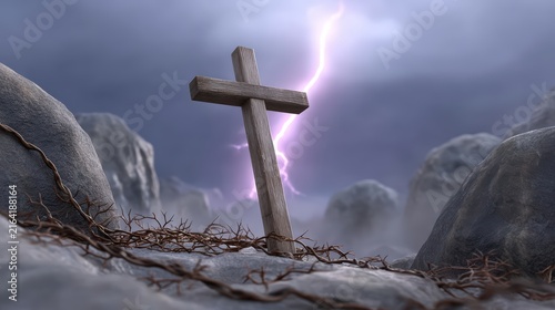 Wooden cross on a rocky hill with lightning storm background