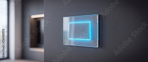Sleek smart light switch with glowing blue neon border on textured grey wall controls automation systems in modern minimalist home interiors