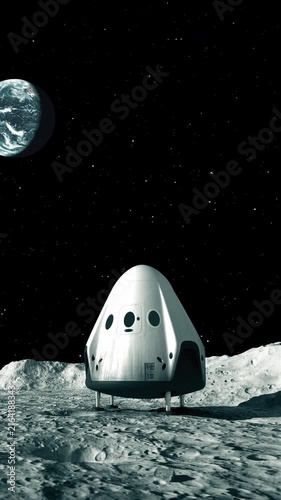 3D animation of a lunar lander resting on the Moon’s cratered surface, with Earth visible in space, depicting futuristic lunar exploration and private space travel.