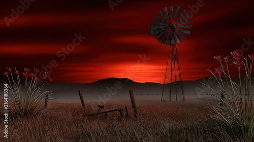 Abandoned windmill in a desolate field at dramatic red sunset