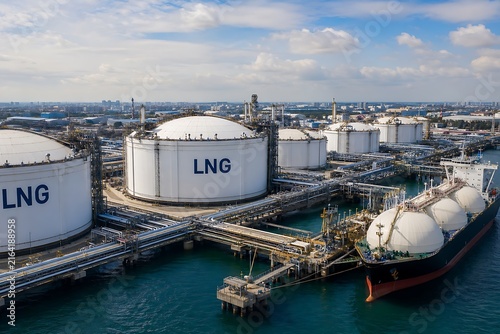 Aerial view of large LNG storage tanks and docked gas carrier ship