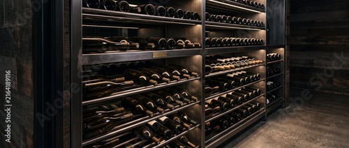 Custom wooden wine cellar shelving holding numerous glass bottles in organized rows under soft ambient light for collection storage
