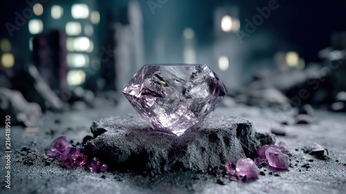 Large glowing diamond gemstone on a dark rugged rock pedestal in a blurred city night background