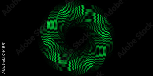 Abstract green metallic spiral vortex torus geometric line art pattern isolated on black background. Futuristic modern optical illusion spiral aperture vector illustration for banner and cover design.