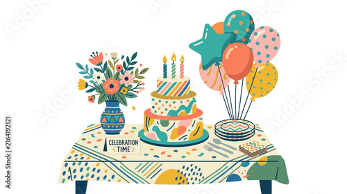 Festive birthday table decoration with tiered cake and balloons