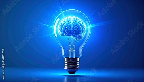 Luminous brain inside a clear incandescent bulb during innovation concept with glowing blue light on blue background