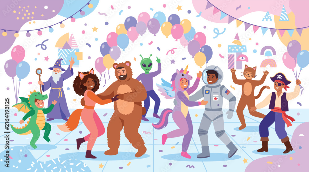 Fototapeta premium Vibrant outdoor party scene with dancing, balloons, confetti, and a diverse crowd of revelers.