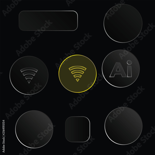 Set of dark glassmorphism UI buttons and icons on black background with software