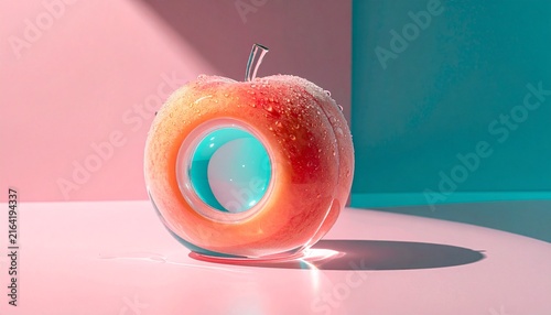Glass apple sculpture with inner glowing blue sphere on pink and turquoise background glass art apple ornament decorative