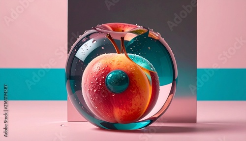 Fresh red apple encased in a clear glass sphere sculpture against a pink and blue background with glass art