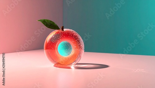 Fresh red apple inside a clear glass globe featuring a single green leaf on top against a pastel backdrop red fruit glass art