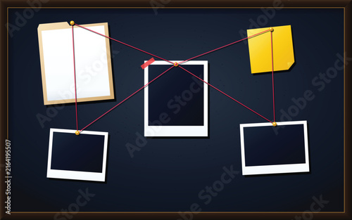 Detective investigation board with blank instant photos connected by red string and yellow note