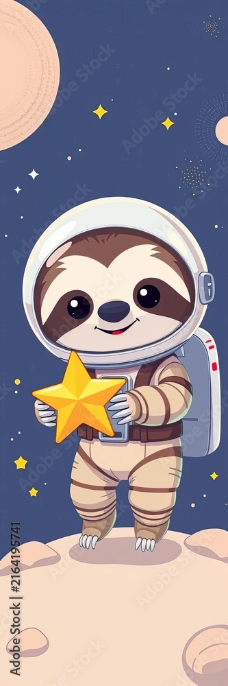 Naklejka premium Cute sloth astronaut holding a yellow star in outer space