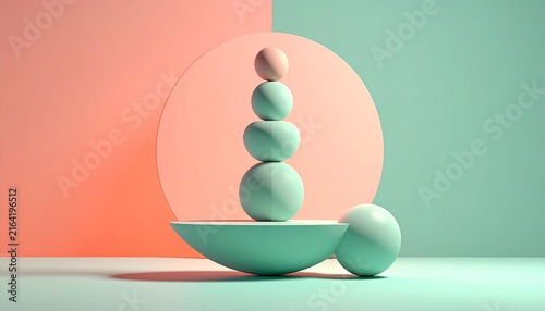 Balanced stack of pastel colored spherical objects on a pedestal against a two tone background with pastel spheres