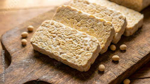 Slices of raw tempeh on a wooden cutting board.
