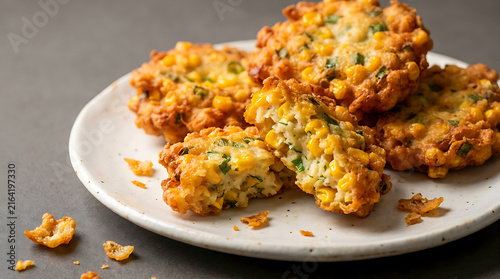 Crispy fried corn fritters on a white plate.