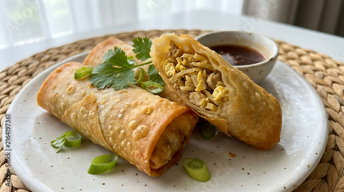 Traditional Semarang-style lumpia—rolls filled with sautéed bamboo shoots and shredded chicken—served on a white plate. Close-up view.