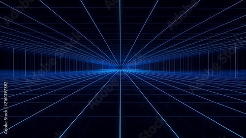 ?Futuristic blue grid tunnel journey through virtual reality pathways