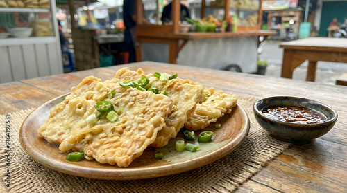 Tempe mendoan, a traditional Indonesian dish, is served on a ceramic plate on a wooden table, with the blurred background of a food stall.
