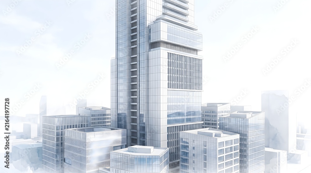 Naklejka premium Futuristic corporate tower surrounded by refined modern architectural forms.