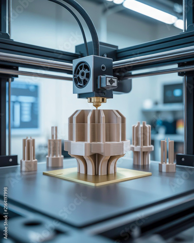 Obraz na płótnie 3D printer creating a complex golden object with smaller prototypes nearby 3d printer printing