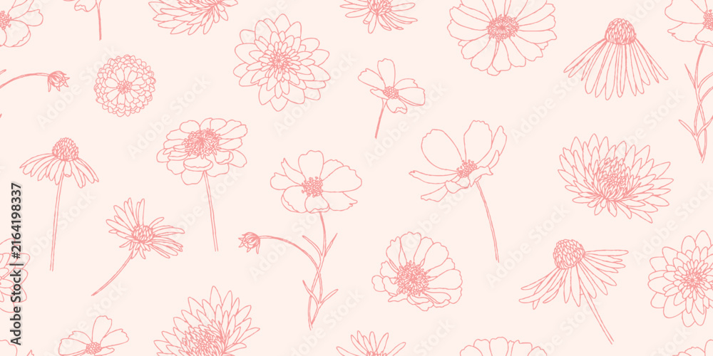 Fototapeta premium Floral seamless pattern. Hand drawn line art flowers background. Delicate botanical texture. Vector illustration.