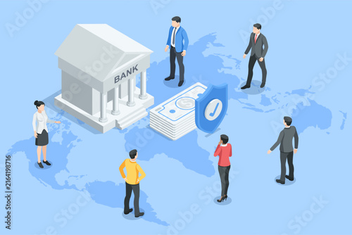Isometric vector business people on world map and money near shield and bank, in color on blue background, world banking and financing