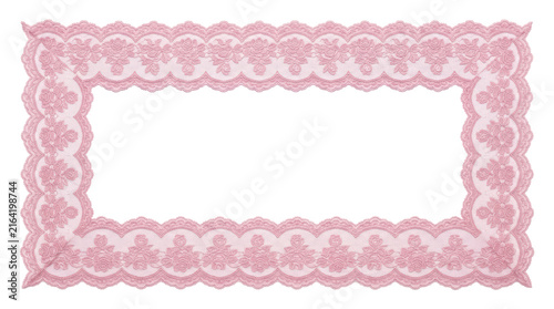 Pink floral lace ribbon border with rose motifs and scalloped edges isolated on white
