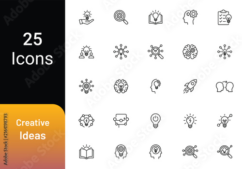 Creative ideas icons set, innovation and brainstorming symbols