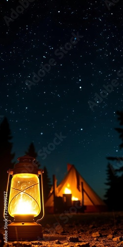 Glowing camping lantern beside tent under starry night sky