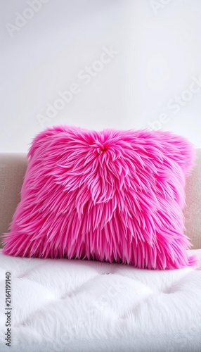 Bright pink fluffy pillow on neutral sofa
