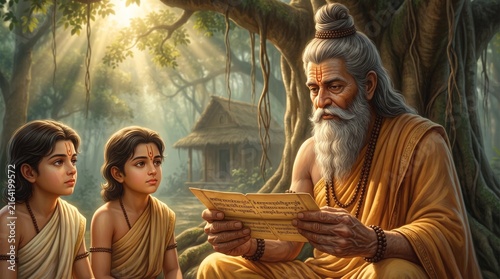 Maharishi Valmiki teaching the epic Ramayana to young Luv and Kush in a forest ashram, ancient Indian mythology, Valmiki Jayanti illustration