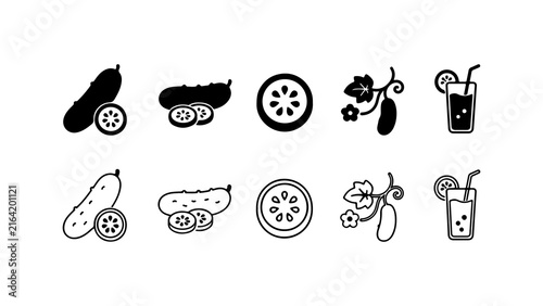 Cucumber Vegetable Icon Set in Silhouette and Outline Style