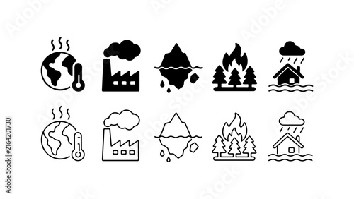 Fotografie Climate Change and Environmental Issues Icon Set in Silhouette and Outline Vecto