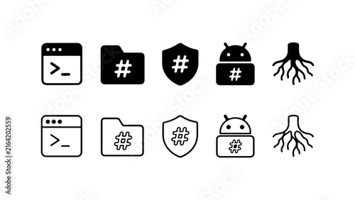 Root Access and Linux Command Line Icon Set in Silhouette and Outline Style