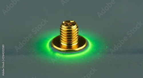 Macro golden metallic screw with glowing green light halo on industrial gray surface
