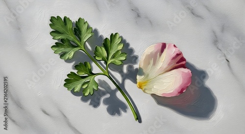 Fresh green parsley leaf and delicate flower petal on white marble surface with harsh sunlight shadows