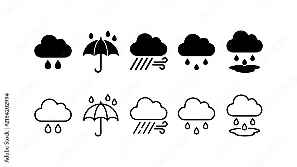 Obraz premium Rainy Weather Icons Set in Silhouette and Outline Style