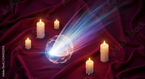 Mystical Glowing Energy Sphere and Lit White Candles on Draped Red Fabric Background for Spiritual Ritual
